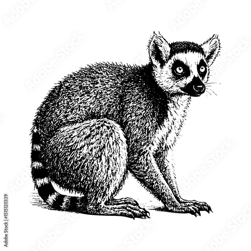 Lemur sketch engraving black and white outline. Scratch board imitation.
