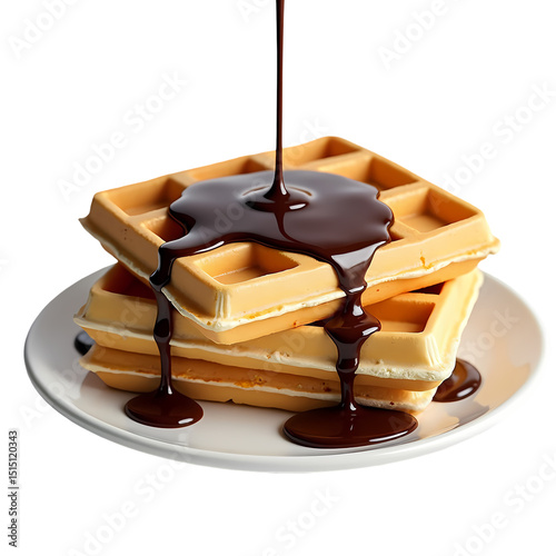 A stack of waffles on a white plate with chocolate syrup being poured on top   isolated on transparent background