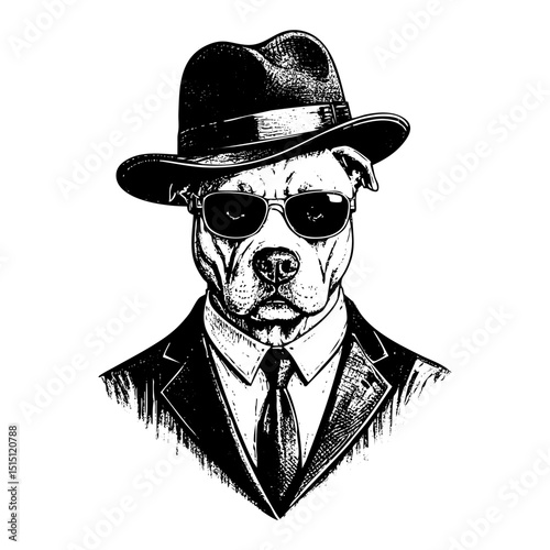 dog wear sunglasses and top hat sketch engraving black and white outline. Scratch board imitation.
