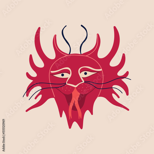 Cool funny red dragon. Illustration in childish hand drawn style