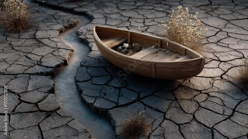 A boat stranded on dry cracked earth, symbolizing dislocation and a lost sense of direction.