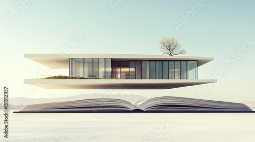 An open book lies flat on a white surface while a detailed modern house floats upward from its center, as if born from story and design. Clean shadows and high-definition textures.