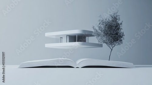 An open book lies flat on a white surface while a detailed modern house floats upward from its center, as if born from story and design. Clean shadows and high-definition textures.