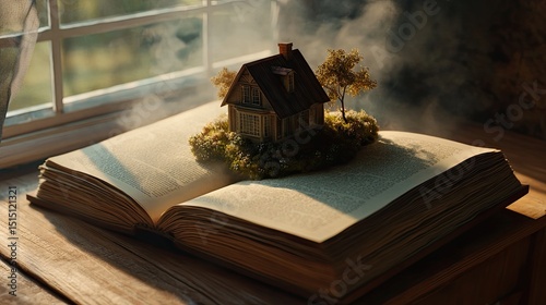 A 3D render of a dream home materializes from an open storybook with photorealistic pages and fine textures. The house floats softly, casting natural shadows.