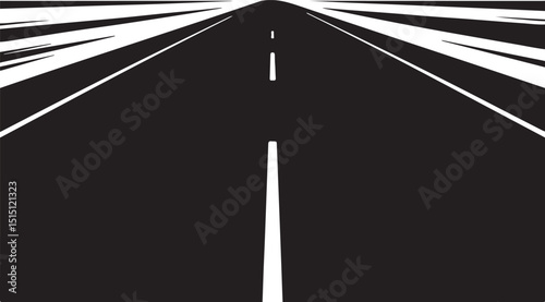 An abstract perspective of an empty road with white striped markings and a solid black background