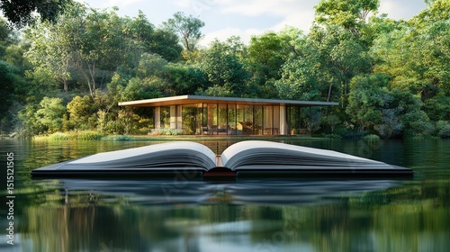 A beautiful lakeside house appears from inside an open hardcover book, with the water reflection subtly shimmering.