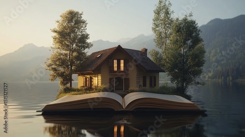 A beautiful lakeside house appears from inside an open hardcover book, with the water reflection subtly shimmering.