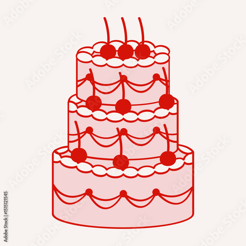 Hand drawn vintage cake illustrations. Wedding cake with cherry toppings and frosting layers. Vector flat doodle design for Valentines day, wedding invitation, birthday card.
