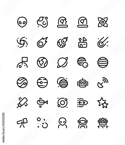 Astronomy icon set. Various simple illustrations including: alien, astronaut, planet, black hole, moon, telescope, nucleus, observatory, etc.