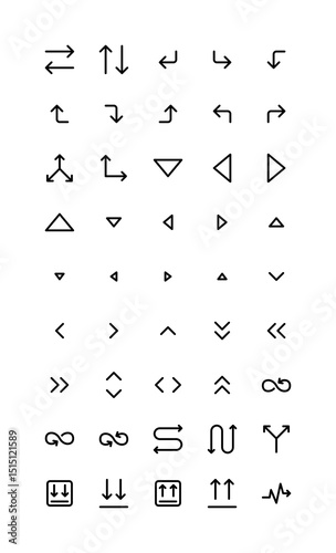 Directions icon set. Various simple illustrations, including: top, down, right, left, chevron, caret, move, route arrow, etc.