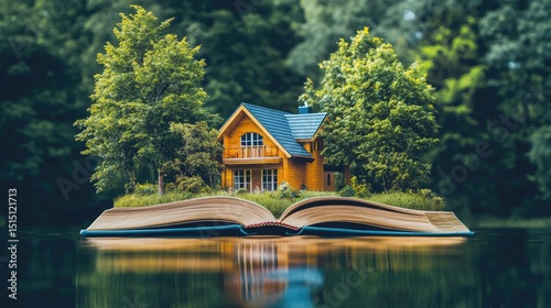 A beautiful lakeside house appears from inside an open hardcover book, with the water reflection subtly shimmering.