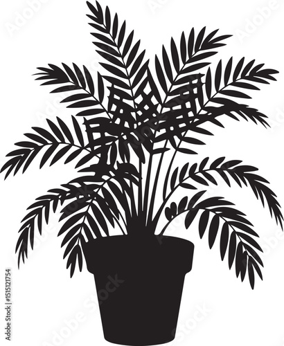 Silhouetted illustration of a potted areca palm plant with lush green leaves in silhouette.