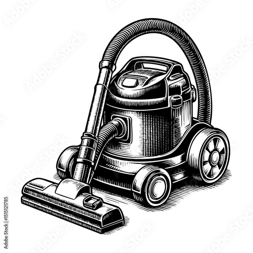 Vacuum cleaner sketch engraving black and white outline. Scratch board imitation.  illustrated in vintage line art style on a white background.
