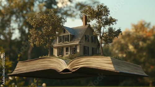 A floating suburban house appears in detail--driveway, trees, windows--rising from an elegant book. The blend of reality and fiction in ultra-sharp clarity.
