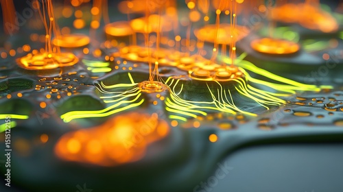 A shimmering reflective board glowing intricate lime-green and tangerine circuit pathways with delicate pulsing energy connections