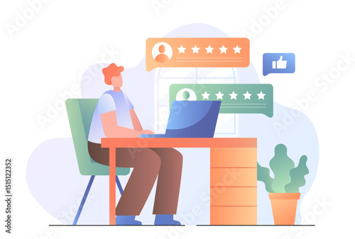 Man sitting at desk using laptop while reviewing five-star customer feedback, with thumbs-up icon and potted plant on a light abstract background. Vector illustration