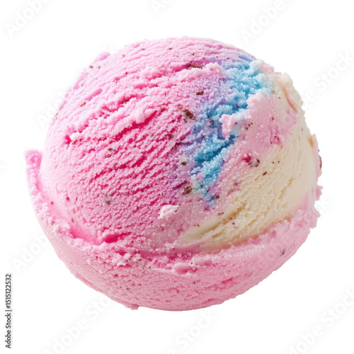 Colorful ice cream scoop featuring pink and blue swirls with rich texture on a plain background
