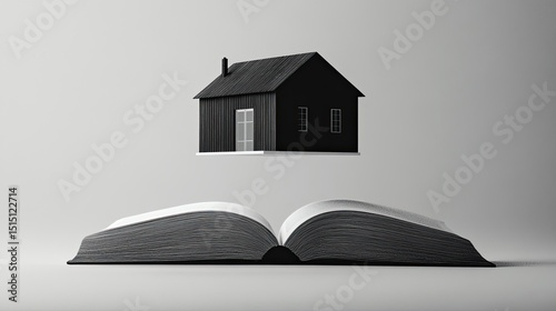 A house with minimalist black-and-white design hovers mid-air above an open book. The image captures the transformation of written ideas into architectural reality.