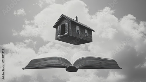 A house with minimalist black-and-white design hovers mid-air above an open book. The image captures the transformation of written ideas into architectural reality.