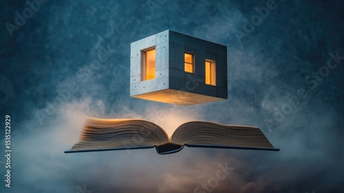 A modernist cube house floats in the air above an open book, which appears to glow from within. Conceptual art meets high-definition photography.