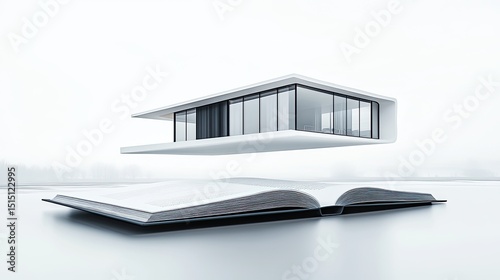 A sleek modern house floats gracefully above an open hardcover book, as if emerging from the pages. Photorealistic textures and high resolution emphasize architecture and creativity.