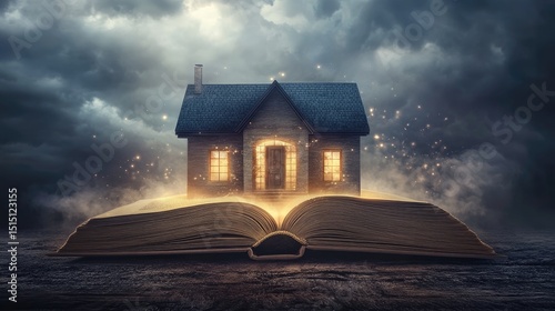 A surreal high-resolution image of a contemporary house lifting from within the glowing pages of a magical book. Perfect lighting and clean focus. -