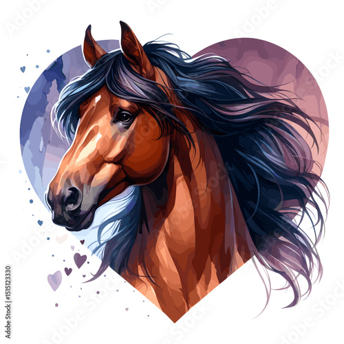 Horse. Heart. Horse head.  Portrait. Watercolor style. Isolated on a white background. Banner. Vector illustration