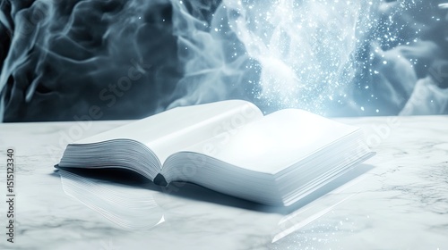 Book lies open on white marble while a compact smart home floats upward, surrounded by light particles. Photoreal with surreal elements.