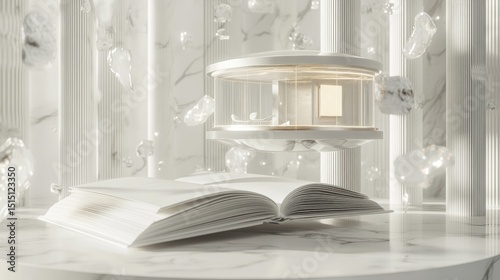 Book lies open on white marble while a compact smart home floats upward, surrounded by light particles. Photoreal with surreal elements.