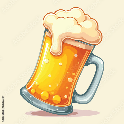 Beer Mug Vector Foam Bubbles Drink Cartoon Glossy Golden Amber Illustration