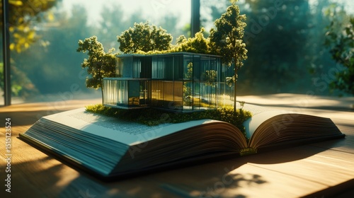 Concept art of a modern glass house emerging from an open book lying on a wooden table, in stunning photorealism with sharp shadows and vivid textures.