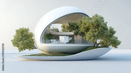 Design journal opens to reveal a futuristic pod-like house emerging from its center. Clean white background, sharp render