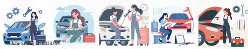 vector of a woman being a car mechanic