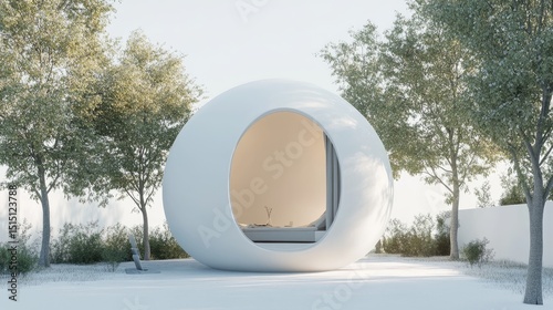 Design journal opens to reveal a futuristic pod-like house emerging from its center. Clean white background, sharp render