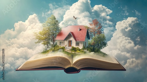 Floating house image above a book with its pages mid-turn, photorealistic textures showing the home emerging from imagination into reality.