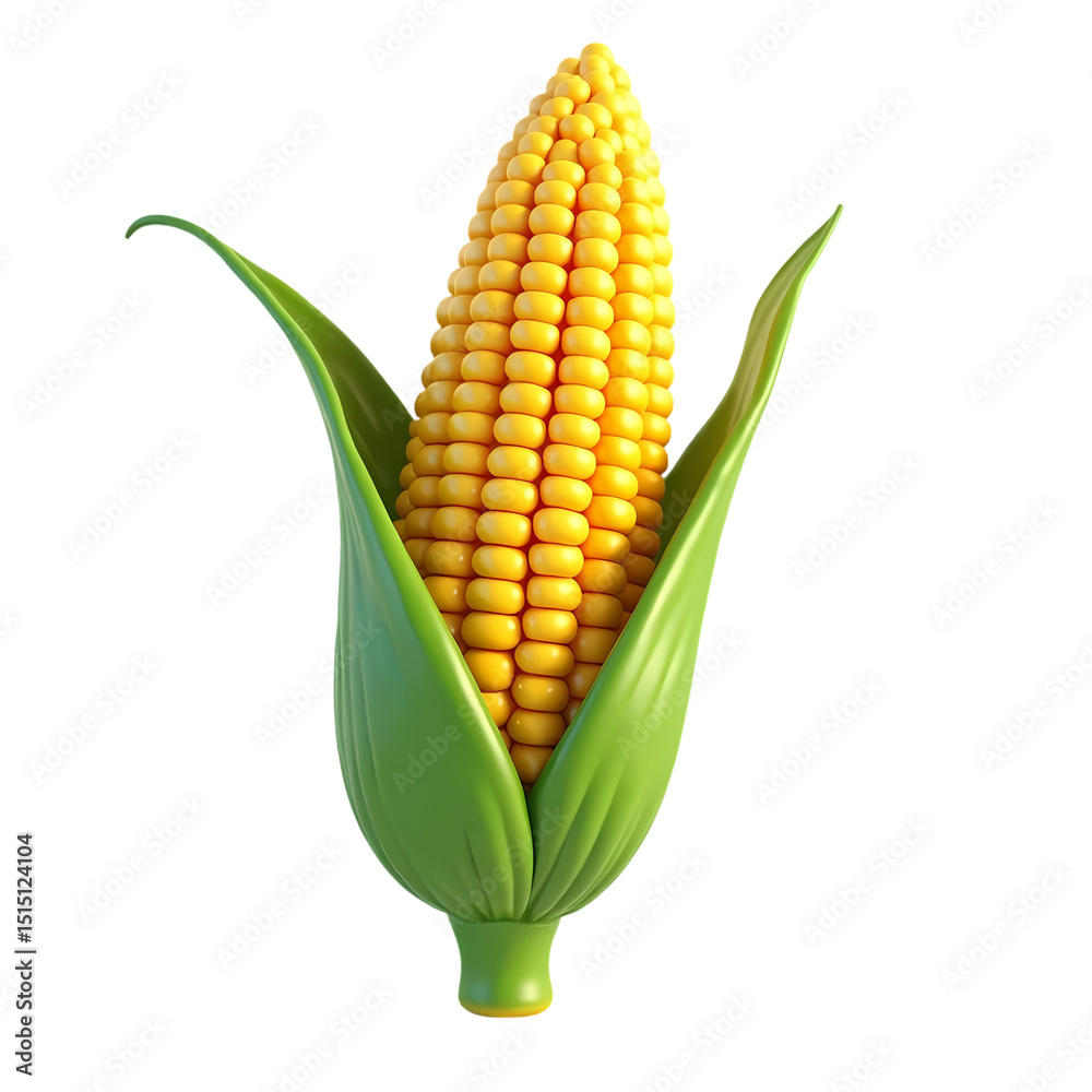 A single ear of corn with bright yellow kernels and green husks isolated view isolated on transparent background A single ear of corn with bright yellow kernels and green husks isolated view isolated on transparent background