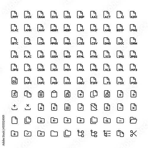Document iconography set. Various simple illustrations, including: file, format, extension, folder, copy, paste, cut, bracket, broken, banned, video, audio, image, etc.