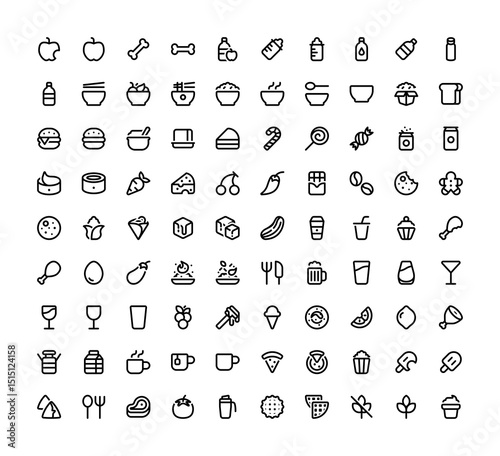 Food iconography set. Various simple illustrations, including: apple, fruit, bowl, dish, menu, dinner, breakfast, bottle, bread, toast, coffee, mug, grape, glass, corn, canned food, burger, candy, etc
