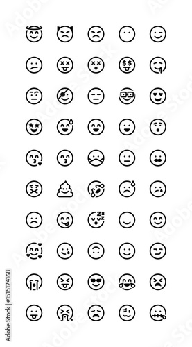 Emoji iconography set. Various simple illustrations, including: angel, smirk, smile, vomit, pirate, smart, heart, love, mask, mustache, expression, smiley, emotion, face, tongue, poo, demon, amaze