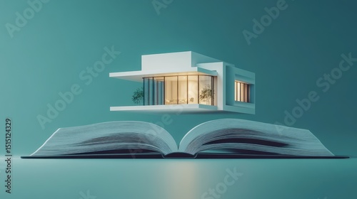 High-resolution image of a photorealistic modern house rising out of an open book placed on a desk. The pages glow subtly as the house floats upward, symbolizing imagination and innovation.