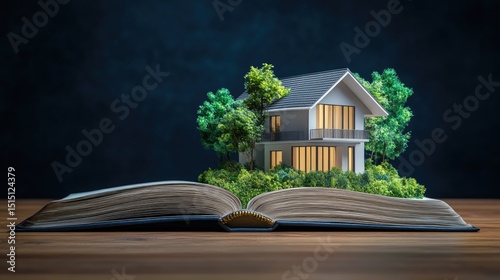 High-resolution image of a photorealistic modern house rising out of an open book placed on a desk. The pages glow subtly as the house floats upward, symbolizing imagination and innovation.