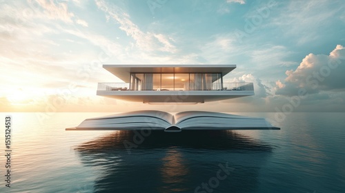 High-resolution render of a luxury home with balconies and a pool floating upward from the pages of an oversized open book. Futuristic realism and architectural wonder.