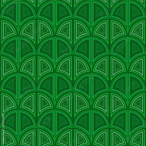 Art nouveau green seamless pattern of arches. Shades of green colors design. Horizontal rows of fans. Geometric ornament of rounded arched elements. Bright classic modern design.