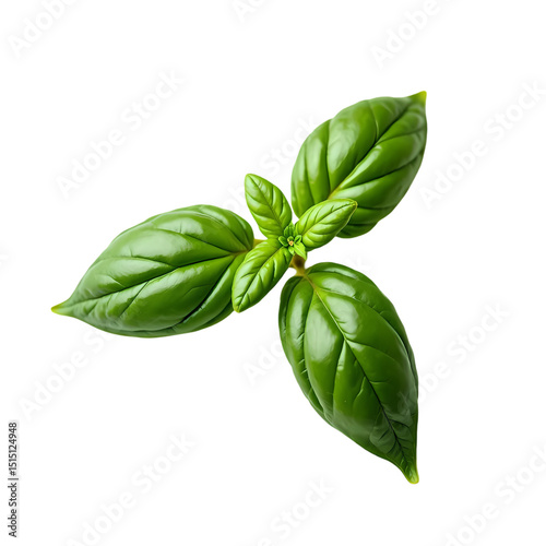 A close up  of a vibrant green basil plant with three leaves    isolated on transparent background