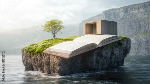 Modern cliffside house rising from an old architectural journal, rendered in crisp photorealism. Conceptual blend of planning, reading, and creativity.