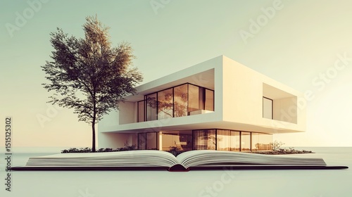 Modern villa in high resolution rising from a vintage-style book, floating against a soft gradient background. The fusion of classic literature and contemporary design.