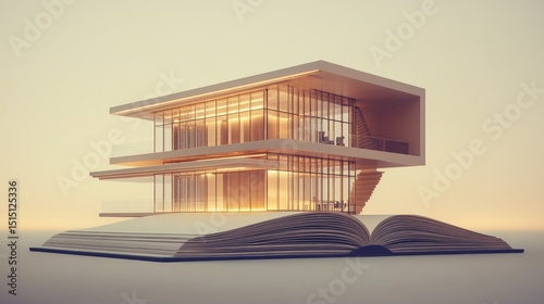 Modern villa in high resolution rising from a vintage-style book, floating against a soft gradient background. The fusion of classic literature and contemporary design.
