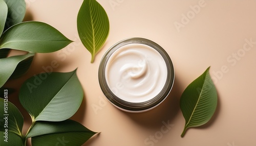 natural skincare cream with green leaves on soft beige background