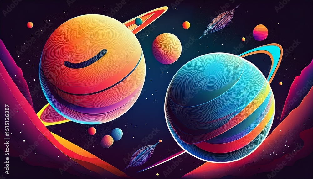 Fototapeta premium colorful illustration of two planets in space with shadows