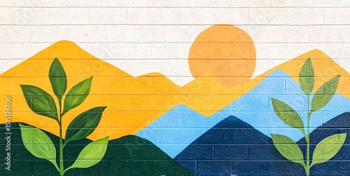 Abstract nature wall art, stylized mountains, sun, and plants on a brick background.  Perfect for eco friendly, nature themed designs.